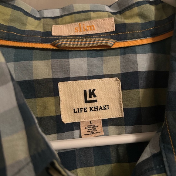 Life Khaki Men's L slim-fit Turquoise Lime Plaid Button Down Shirt - Picture 3 of 3